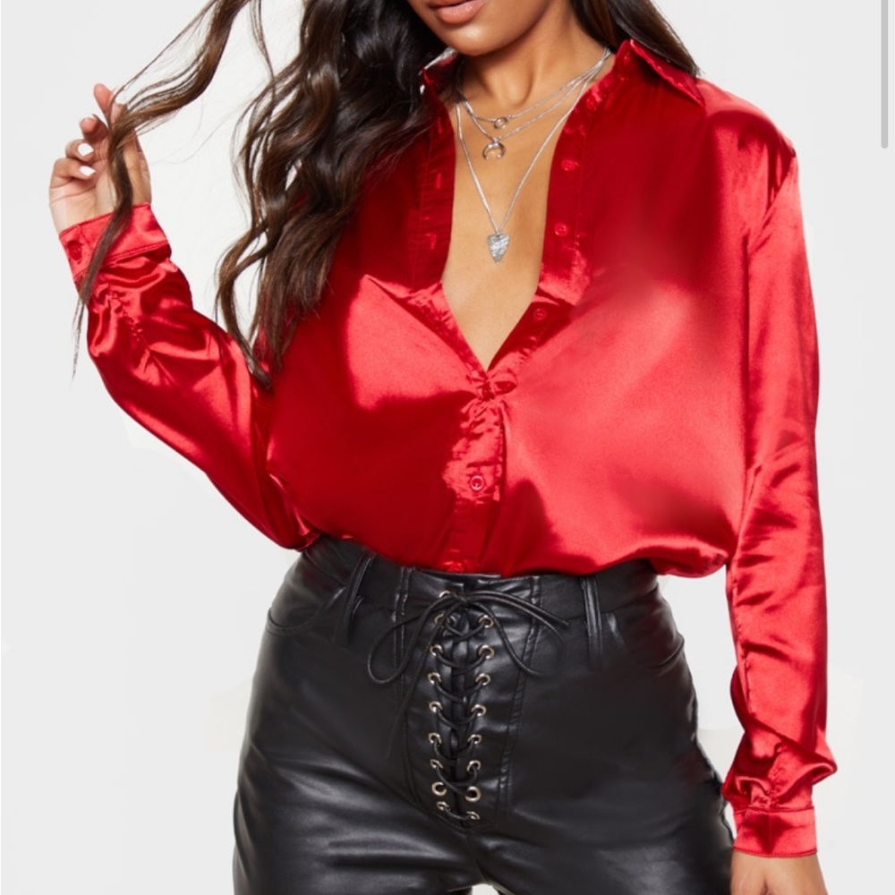 Pretty Little Thing - Red Satin Front Button Up Long Sleeve